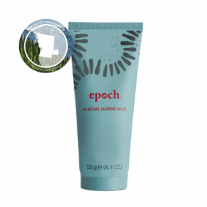 Tube of Epoch Glacial Marine Mud in front of white background with pacific northwest badge.